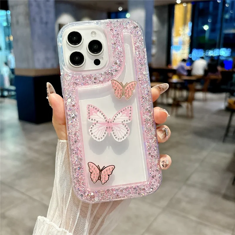 For iPhone 16 Pro Max Case with 3 Butterflies Decor Glitter Rhinestone Epoxy Design TPU Phone Cover - Pink