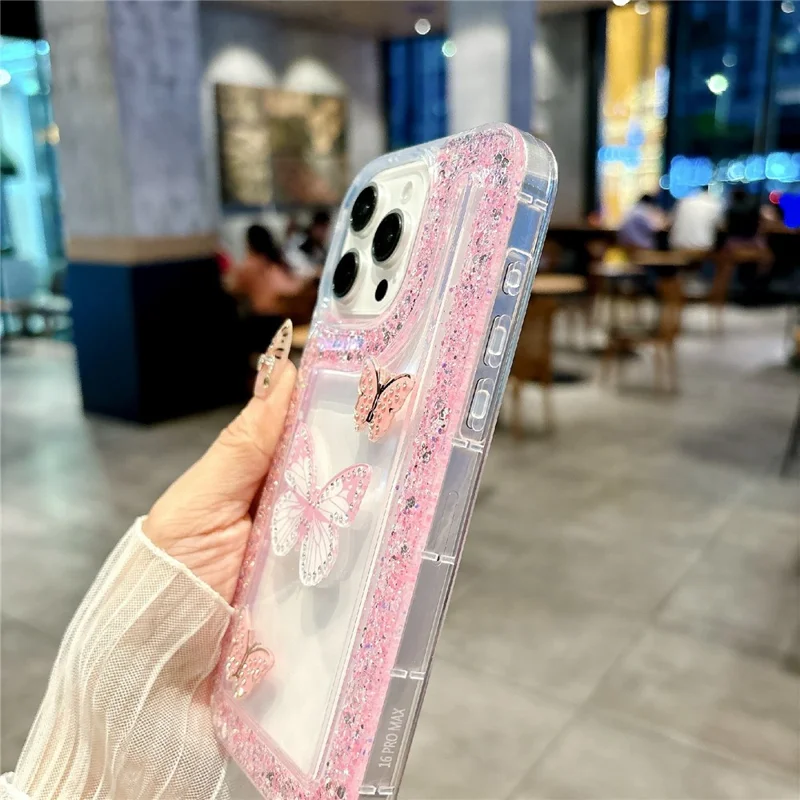 For iPhone 16 Pro Max Case with 3 Butterflies Decor Glitter Rhinestone Epoxy Design TPU Phone Cover - Pink