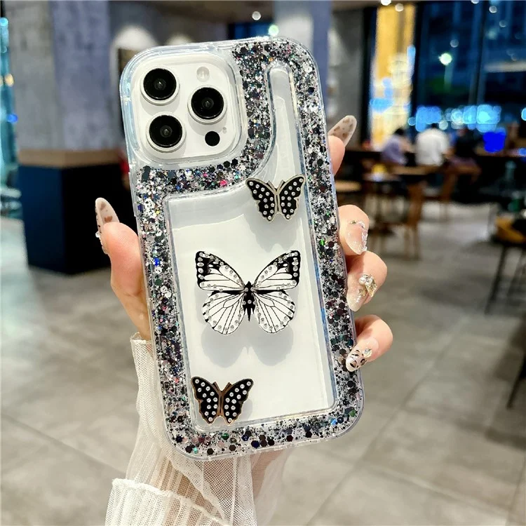 For iPhone 16 Pro Case with 3 Butterflies Decor Glitter Rhinestone Epoxy Design TPU Phone Cover - Black