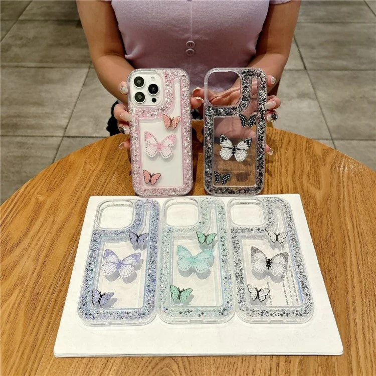 For iPhone 16 Pro Case with 3 Butterflies Decor Glitter Rhinestone Epoxy Design TPU Phone Cover - Black