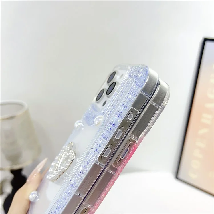 For iPhone 16 Pro Max Case with Pearl / Dual Heart Decor Glitter Rhinestone Epoxy Design TPU Phone Cover - White