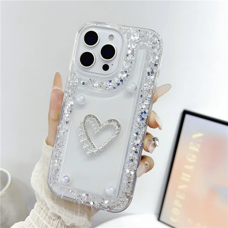 For iPhone 16 Pro Case with Pearl / Dual Heart Decor Glitter Rhinestone Epoxy Design TPU Phone Cover - White