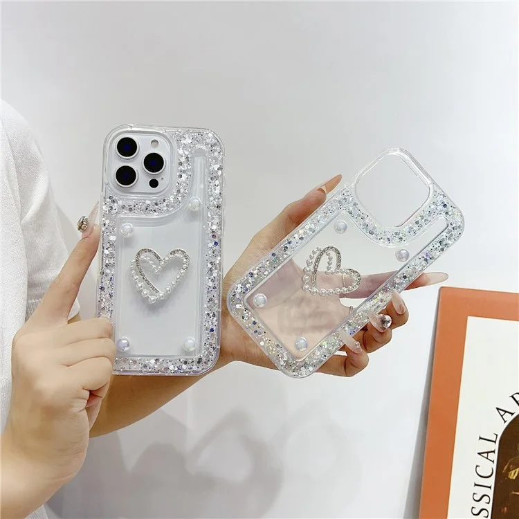 For iPhone 16 Pro Case with Pearl / Dual Heart Decor Glitter Rhinestone Epoxy Design TPU Phone Cover - White