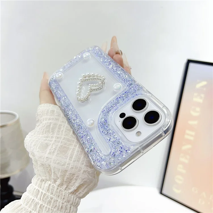 For iPhone 16 Pro Case with Pearl / Dual Heart Decor Glitter Rhinestone Epoxy Design TPU Phone Cover - White