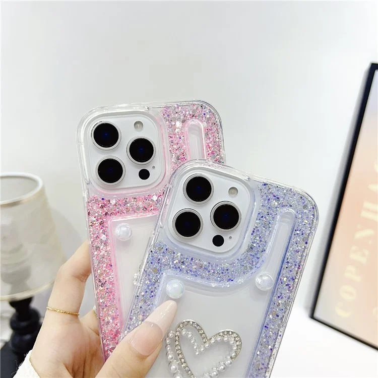 For iPhone 16 Pro Case with Pearl / Dual Heart Decor Glitter Rhinestone Epoxy Design TPU Phone Cover - White