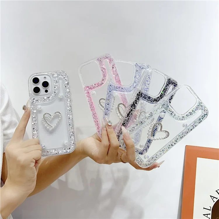 For iPhone 16 Pro Case with Pearl / Dual Heart Decor Glitter Rhinestone Epoxy Design TPU Phone Cover - White