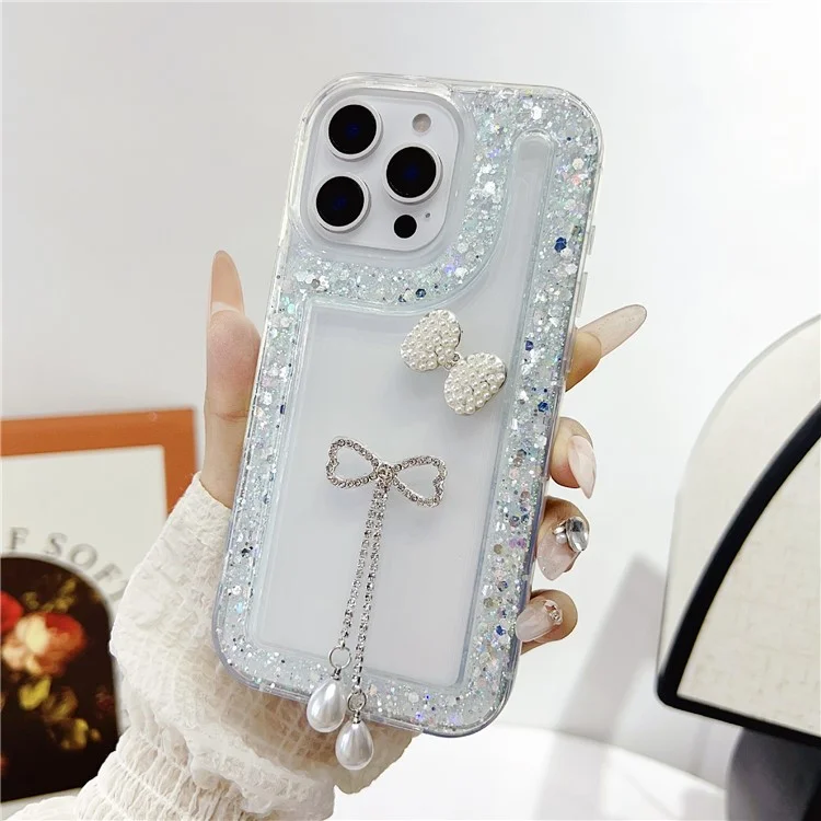 For iPhone 16 Pro Case with Bow Decor Glitter Rhinestone Epoxy Design TPU Phone Cover - Green