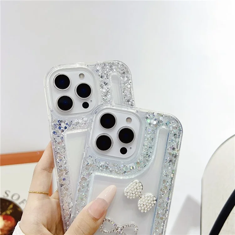 For iPhone 16 Pro Case with Bow Decor Glitter Rhinestone Epoxy Design TPU Phone Cover - Green