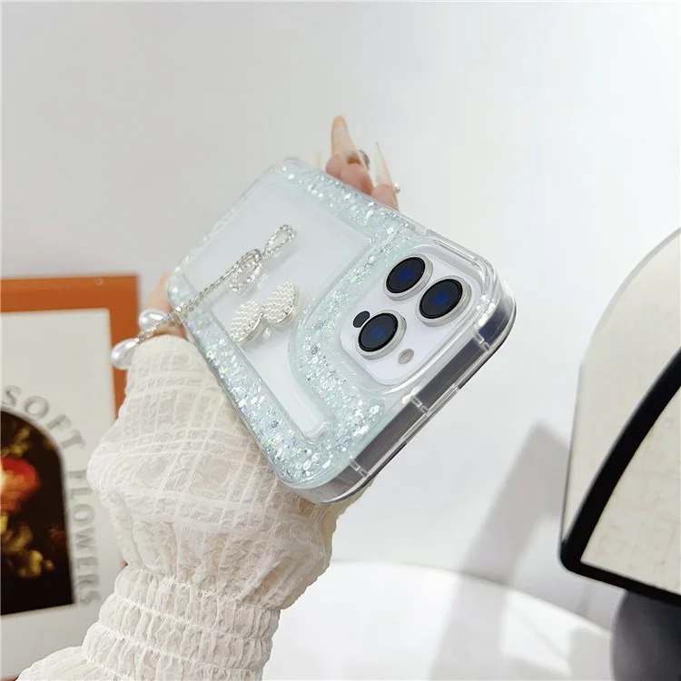 For iPhone 16 Pro Case with Bow Decor Glitter Rhinestone Epoxy Design TPU Phone Cover - Green