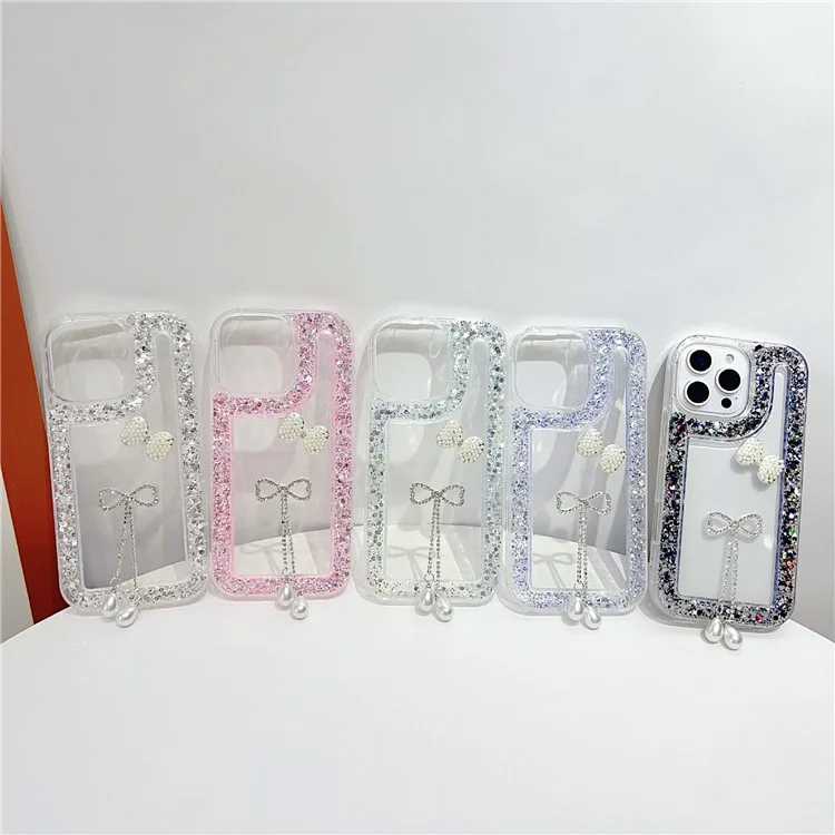For iPhone 16 Pro Case with Bow Decor Glitter Rhinestone Epoxy Design TPU Phone Cover - Green