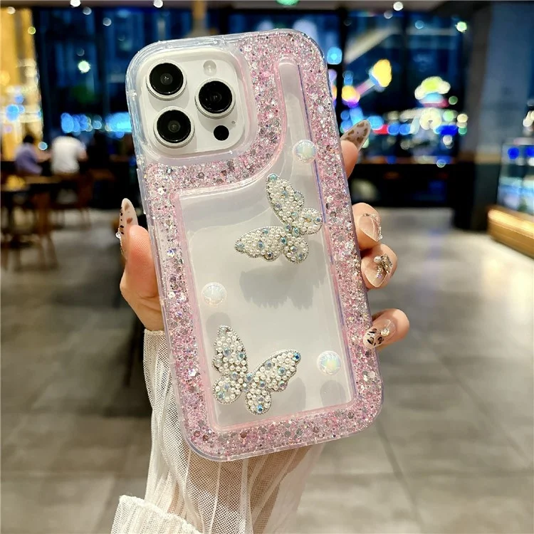For iPhone 16 Pro Case with Case with Pearl Butterfly Decor Glitter Rhinestone Epoxy Design TPU Phone Cover - Pink