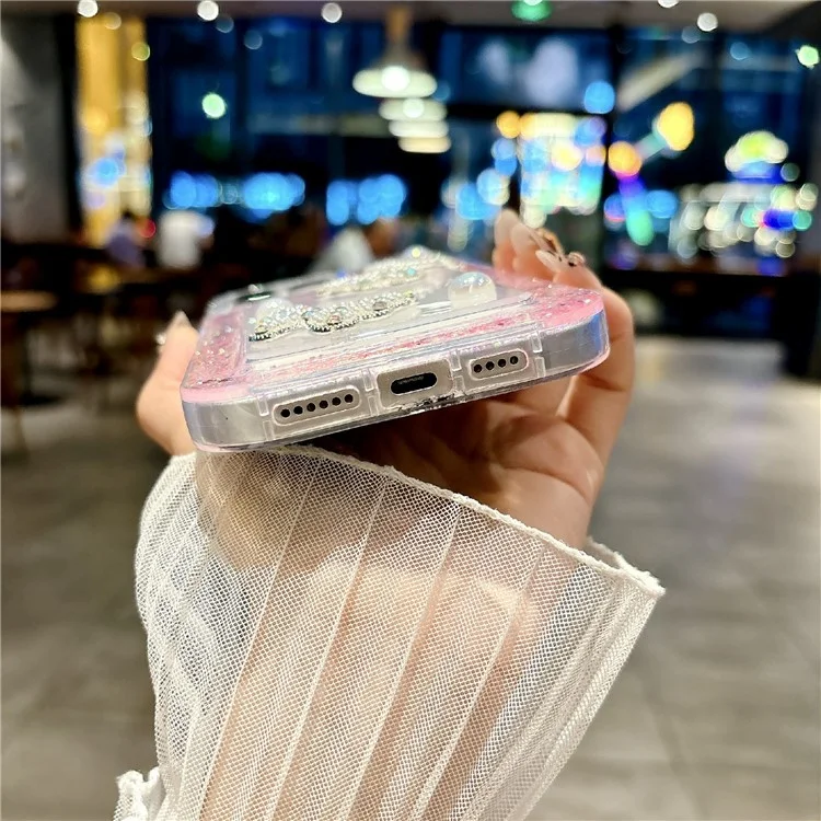 For iPhone 16 Pro Case with Case with Pearl Butterfly Decor Glitter Rhinestone Epoxy Design TPU Phone Cover - Pink