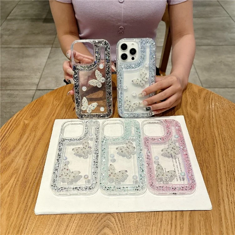 For iPhone 16 Pro Case with Case with Pearl Butterfly Decor Glitter Rhinestone Epoxy Design TPU Phone Cover - Pink