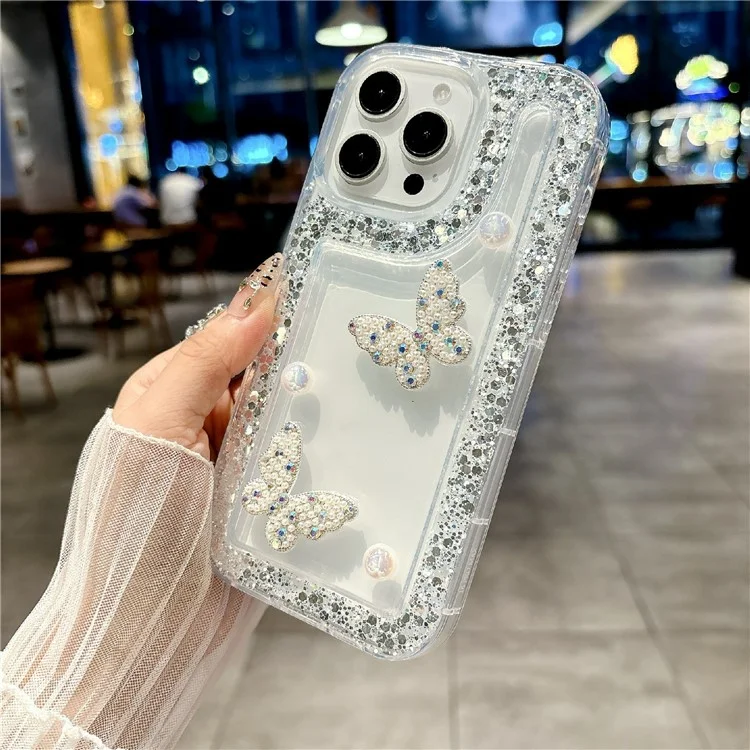 For iPhone 16 Pro Max Case with Case with Pearl Butterfly Decor Glitter Rhinestone Epoxy Design TPU Phone Cover - Pink