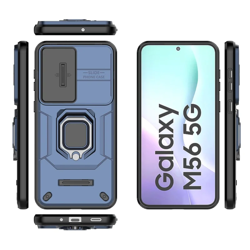 For Samsung Galaxy M56 5G Case PC + TPU Kickstand Phone Protector with Lens Cover - Blue
