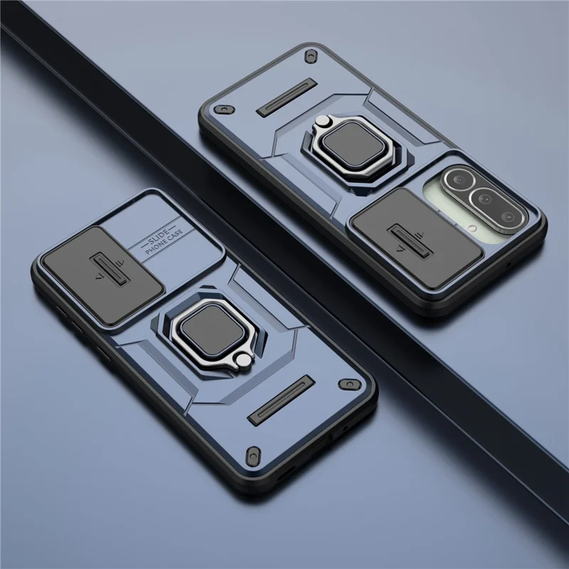 For Samsung Galaxy M56 5G Case PC + TPU Kickstand Phone Protector with Lens Cover - Blue