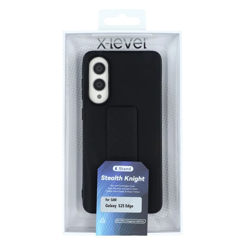 X-LEVEL For Samsung Galaxy S25 Edge Case with Kickstand TPU + PU Phone Back Cover Shockproof - Black