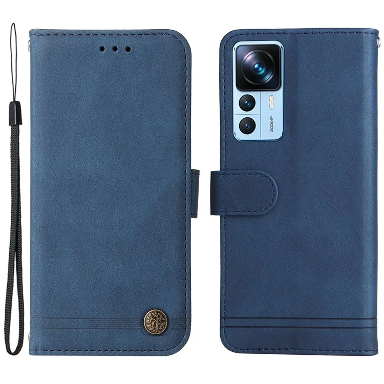 For Xiaomi 12T 5G / Redmi K50 Ultra 5G / 12T Pro 5G Tree Pattern Metal Button Phone Cover Lines Imprinted Skin-touch PU Leather Wallet Stand Case with Strap - Blue