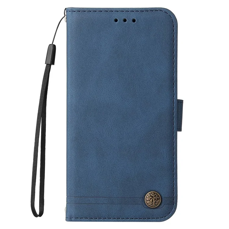 For Xiaomi 12T 5G / Redmi K50 Ultra 5G / 12T Pro 5G Tree Pattern Metal Button Phone Cover Lines Imprinted Skin-touch PU Leather Wallet Stand Case with Strap - Blue