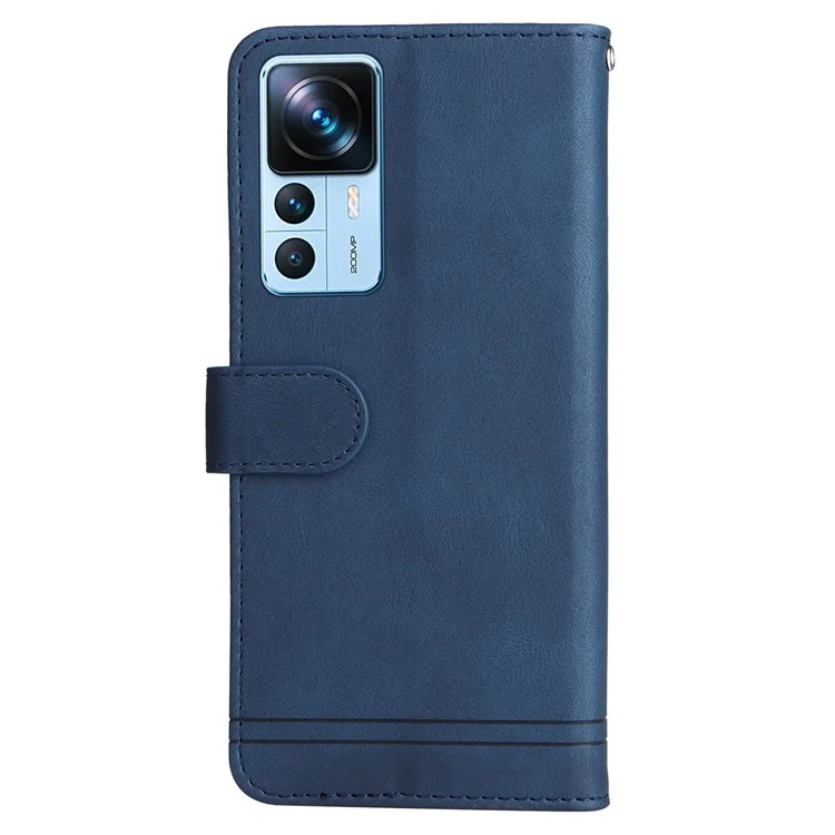 For Xiaomi 12T 5G / Redmi K50 Ultra 5G / 12T Pro 5G Tree Pattern Metal Button Phone Cover Lines Imprinted Skin-touch PU Leather Wallet Stand Case with Strap - Blue