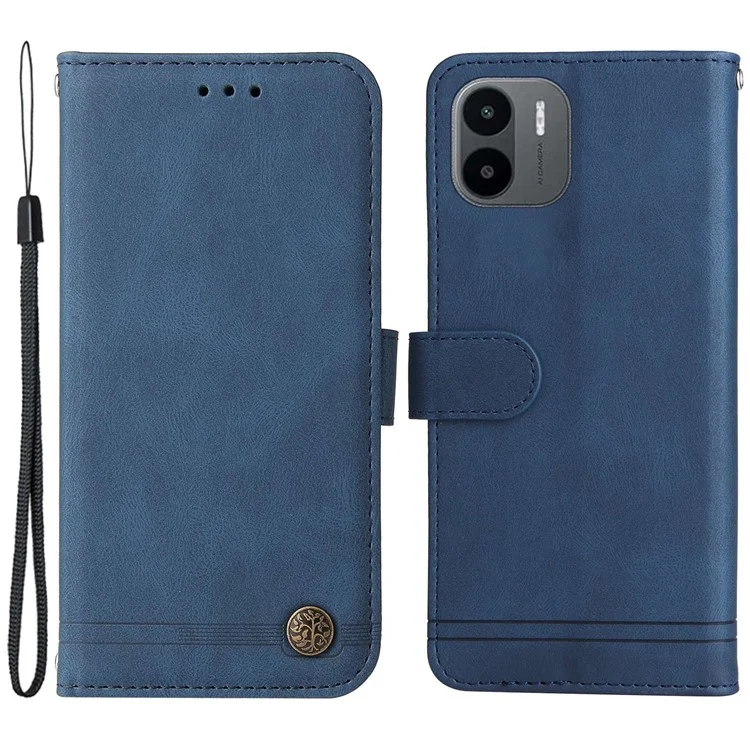 Para Xiaomi Redmi A1 4G Tree Pattern Botón de Metal Metero Touch Caja de Teléfono PU Líneas de Cuero Imprimido Tapa de Soporte de Billetera Magnética Con Correa - Azul