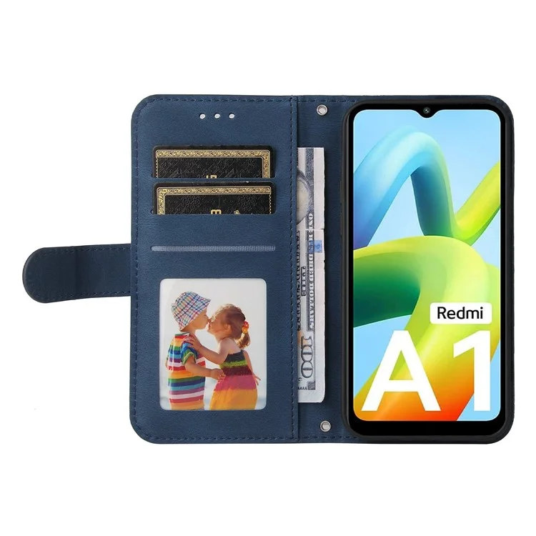Para Xiaomi Redmi A1 4G Tree Pattern Botón de Metal Metero Touch Caja de Teléfono PU Líneas de Cuero Imprimido Tapa de Soporte de Billetera Magnética Con Correa - Azul