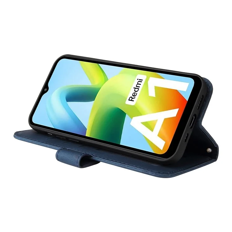 Para Xiaomi Redmi A1 4G Tree Pattern Botón de Metal Metero Touch Caja de Teléfono PU Líneas de Cuero Imprimido Tapa de Soporte de Billetera Magnética Con Correa - Azul