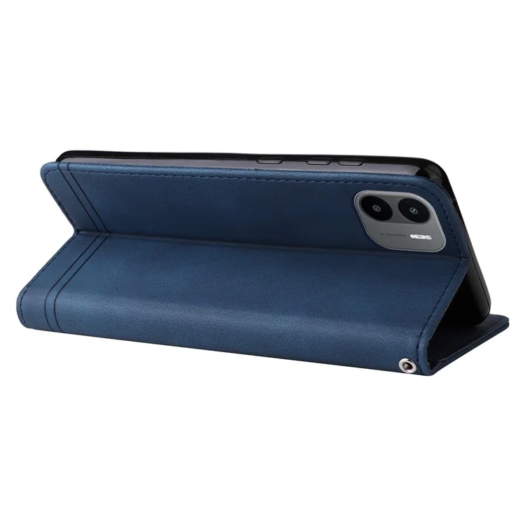 Para Xiaomi Redmi A1 4G Tree Pattern Botón de Metal Metero Touch Caja de Teléfono PU Líneas de Cuero Imprimido Tapa de Soporte de Billetera Magnética Con Correa - Azul