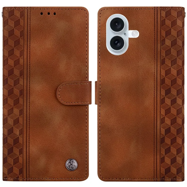For iPhone 16 Leather Case Imprinted Checkered Pattern Wallet Stand Flip Phone Cover - Brown