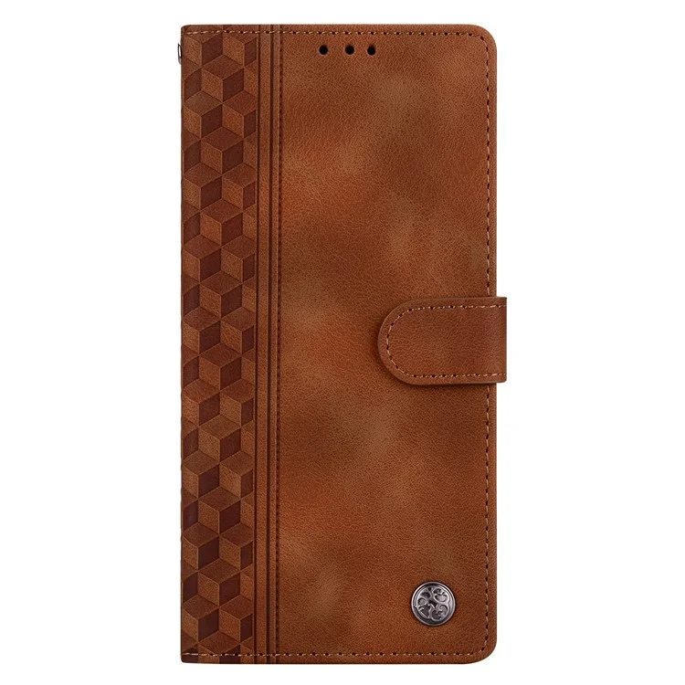 For iPhone 16 Leather Case Imprinted Checkered Pattern Wallet Stand Flip Phone Cover - Brown