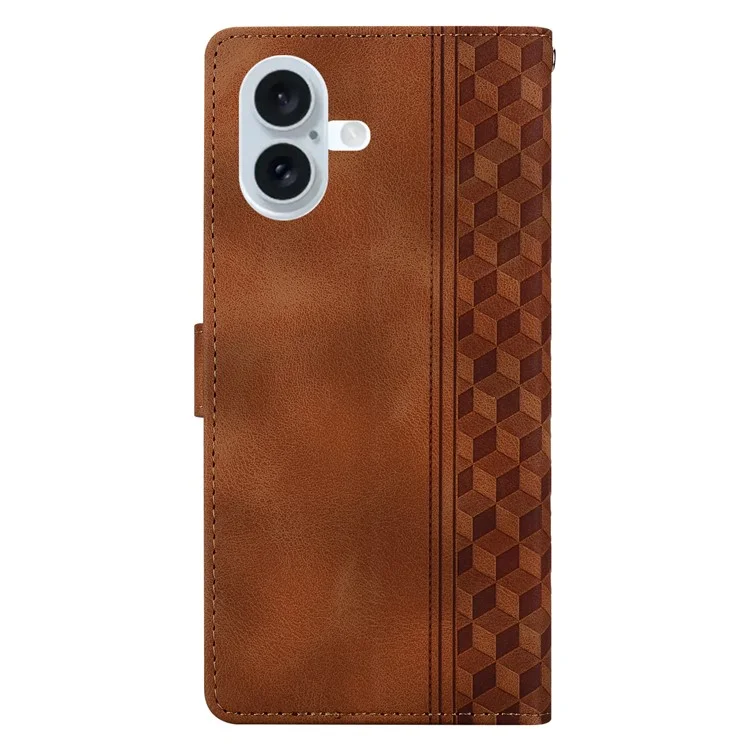 For iPhone 16 Leather Case Imprinted Checkered Pattern Wallet Stand Flip Phone Cover - Brown