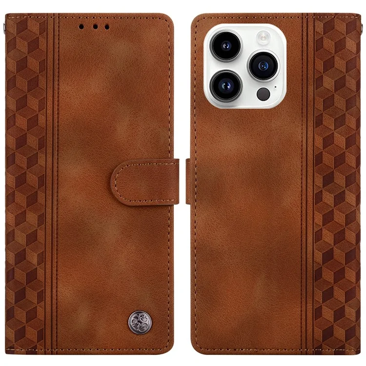For iPhone 16 Pro Leather Case Imprinted Checkered Pattern Wallet Stand Flip Phone Cover - Brown