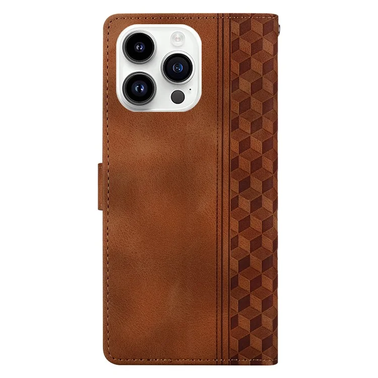 For iPhone 16 Pro Leather Case Imprinted Checkered Pattern Wallet Stand Flip Phone Cover - Brown
