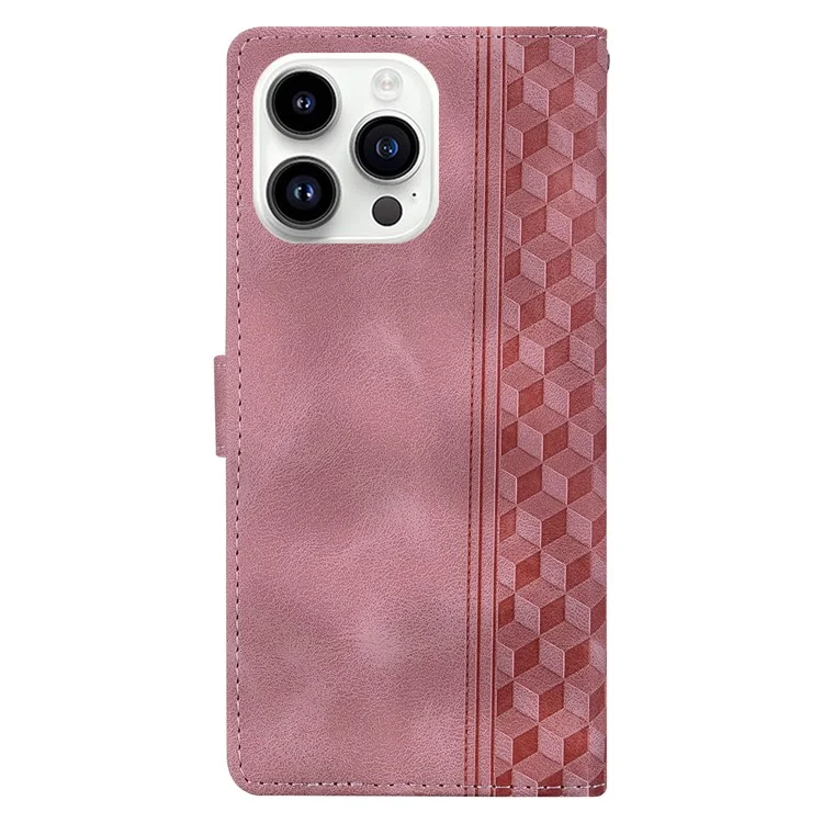 For iPhone 16 Pro Max Leather Case Imprinted Checkered Pattern Wallet Stand Flip Phone Cover - Pink