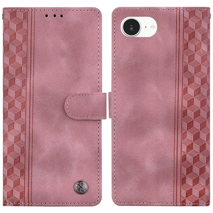 For iPhone 16e Leather Case Imprinted Checkered Pattern Wallet Stand Flip Phone Cover - Pink