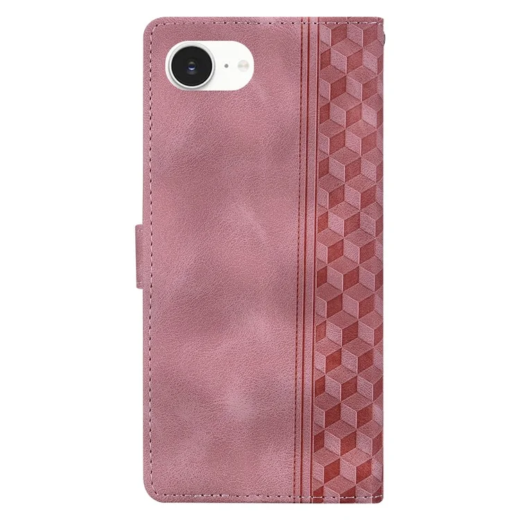 For iPhone 16e Leather Case Imprinted Checkered Pattern Wallet Stand Flip Phone Cover - Pink