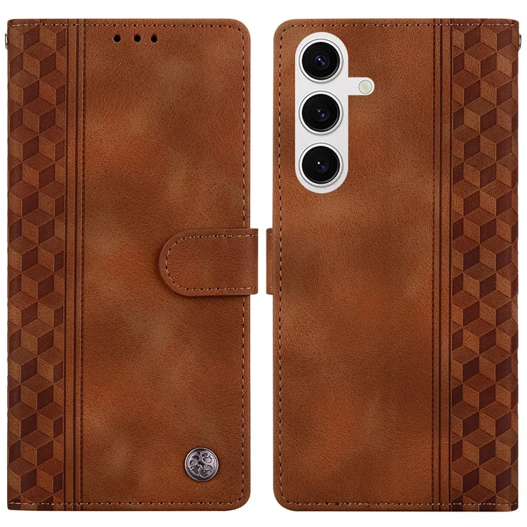 For Samsung Galaxy S25 Leather Case Imprinted Checkered Pattern Wallet Stand Flip Phone Cover - Brown