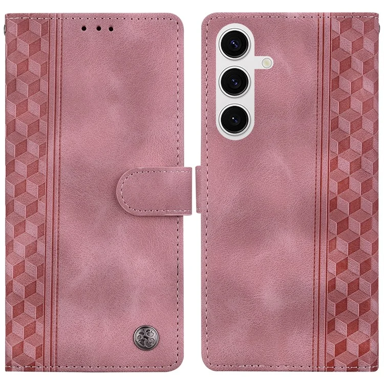 For Samsung Galaxy S25+ Leather Case Imprinted Checkered Pattern Wallet Stand Flip Phone Cover - Pink