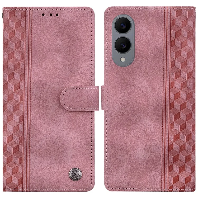 For Samsung Galaxy S25 Edge Leather Case Imprinted Checkered Pattern Wallet Stand Flip Phone Cover - Pink