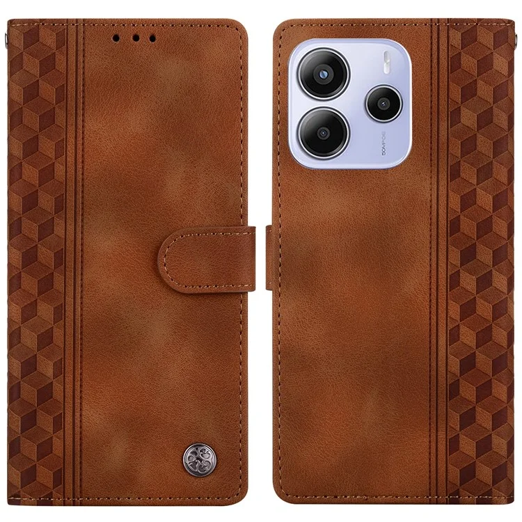 For Xiaomi Redmi Note 14 4G (164.84mm) Leather Case Imprinted Checkered Pattern Wallet Stand Flip Phone Cover - Brown