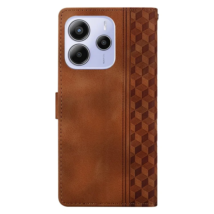 For Xiaomi Redmi Note 14 4G (164.84mm) Leather Case Imprinted Checkered Pattern Wallet Stand Flip Phone Cover - Brown