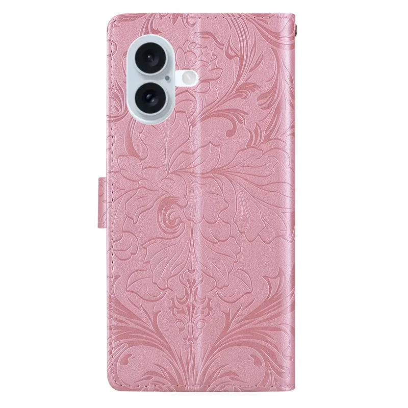 For iPhone 16 Plus Leather Case Imprinted Floral Pattern Wallet Stand Flip Phone Cover - Pink