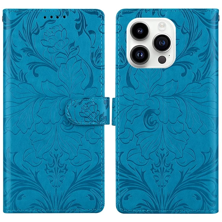 For iPhone 16 Pro Leather Case Imprinted Floral Pattern Wallet Stand Flip Phone Cover - Blue
