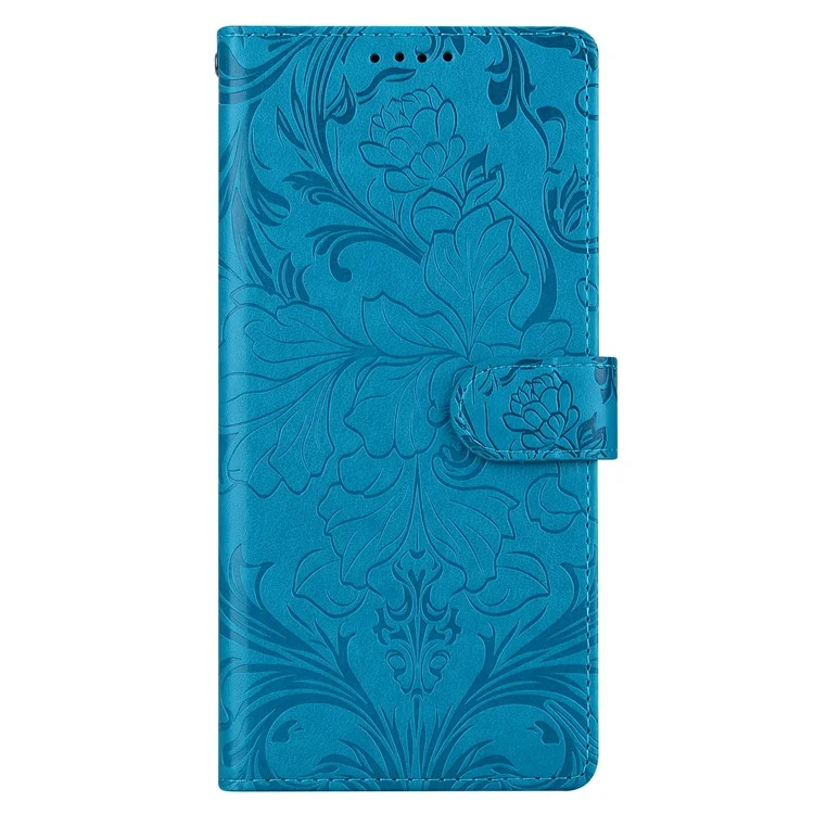 For iPhone 16 Pro Leather Case Imprinted Floral Pattern Wallet Stand Flip Phone Cover - Blue