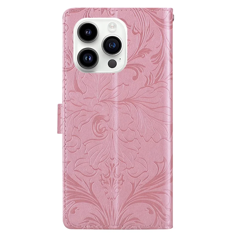 For iPhone 16 Pro Leather Case Imprinted Floral Pattern Wallet Stand Flip Phone Cover - Pink