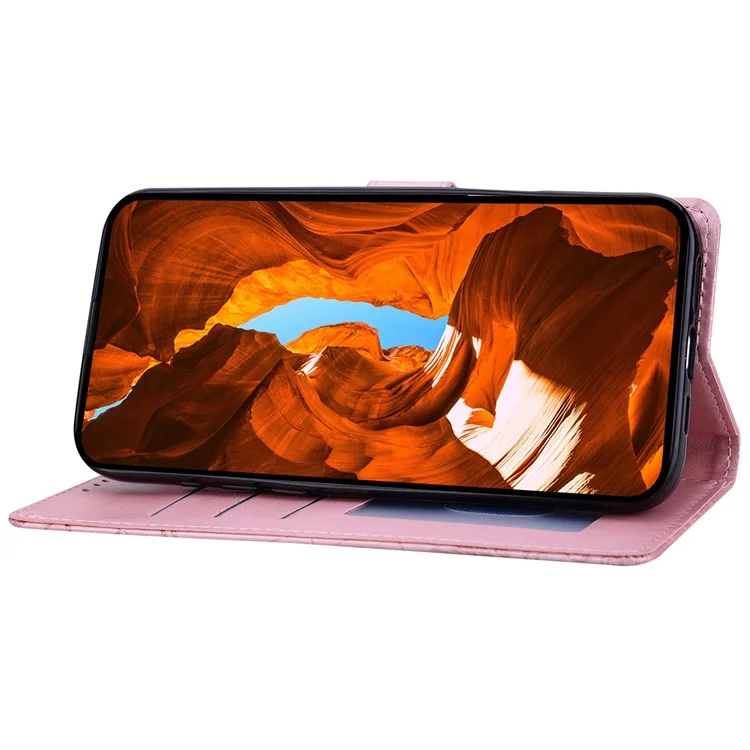 For iPhone 16e Leather Case Imprinted Floral Pattern Wallet Stand Flip Phone Cover - Pink