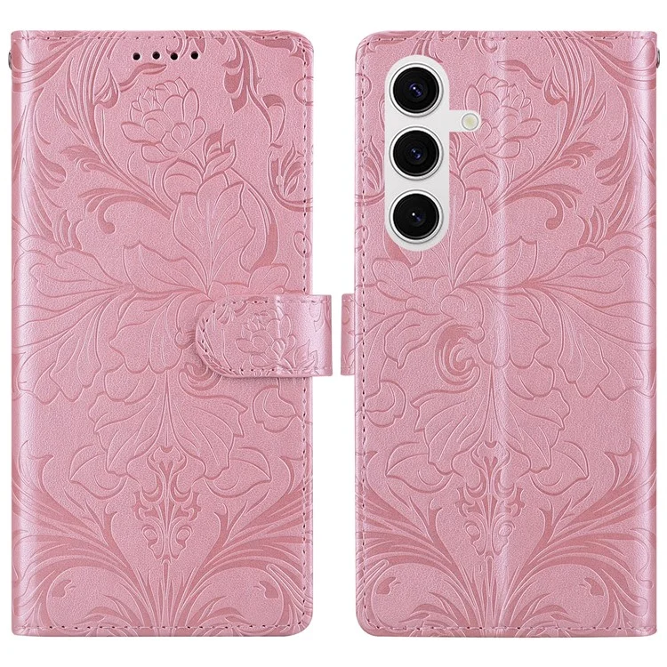 For Samsung Galaxy S25 Leather Case Imprinted Floral Pattern Wallet Stand Flip Phone Cover - Pink