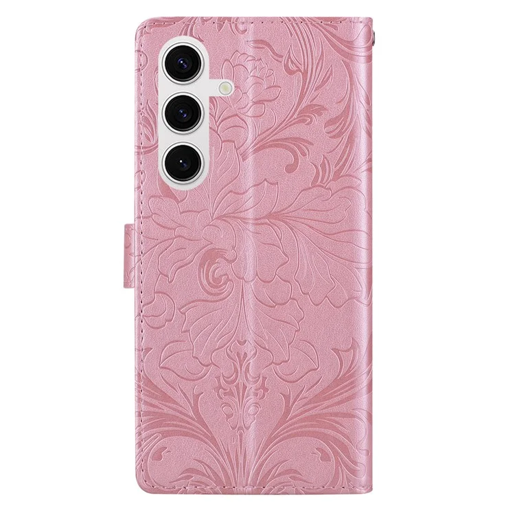 For Samsung Galaxy S25 Leather Case Imprinted Floral Pattern Wallet Stand Flip Phone Cover - Pink