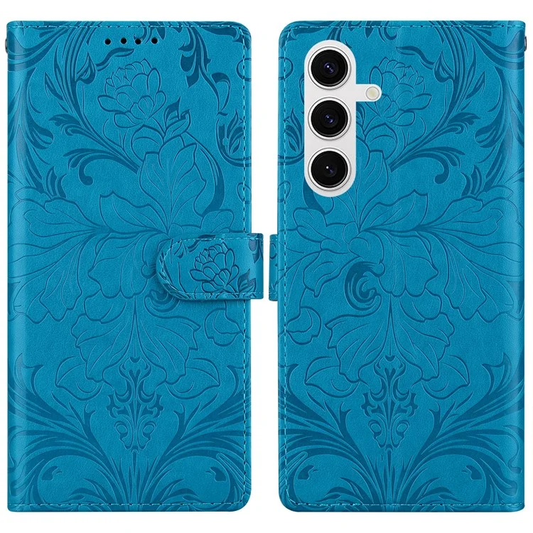 For Samsung Galaxy S25+ Leather Case Imprinted Floral Pattern Wallet Stand Flip Phone Cover - Blue
