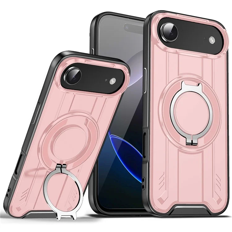Funda de Aire para iPhone 17 Compatible con MagSafe, Anillo Giratorio, Soporte Plegable, Carcasa de PC + TPU Antichoque - Rosa